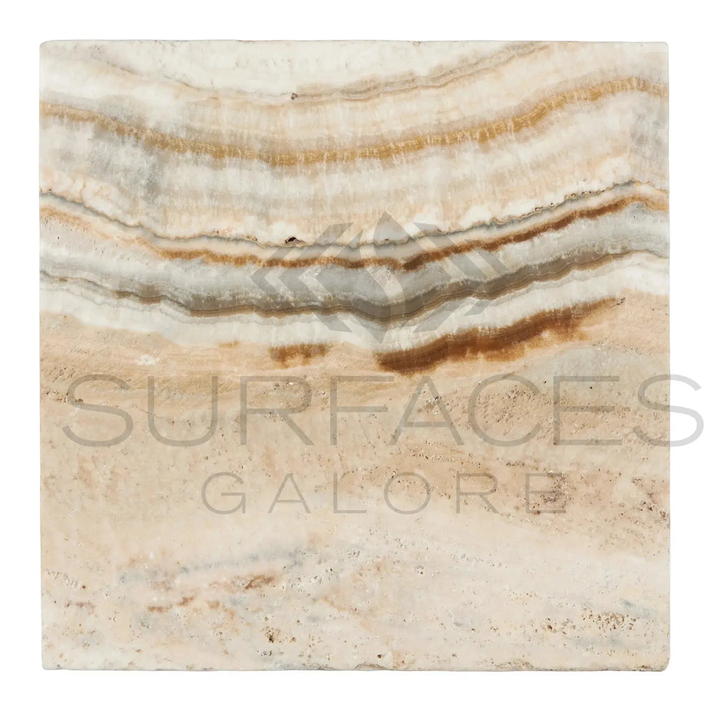 Square travertine tile with layered pattern from La Travonya Travertine 12X12 Tumbled