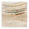 Square travertine tile with layered pattern in La Travonya Travertine 18X18 Filled and Honed