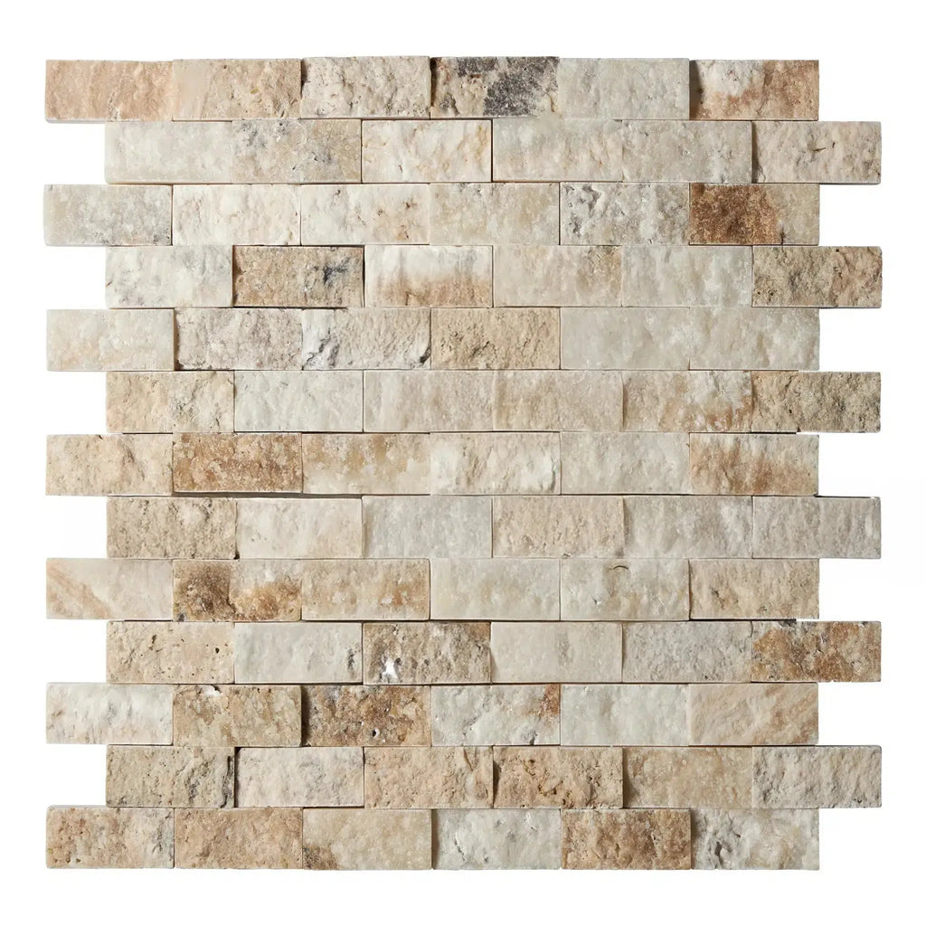 La Travonya Travertine 1X2 Brick Mosaic Split Faced Tile in Natural Stone Finish