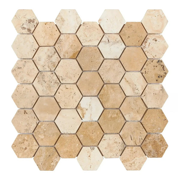 Beige hexagon tile mosaic from La Travonya Travertine 2 Inch Hexagon Collection