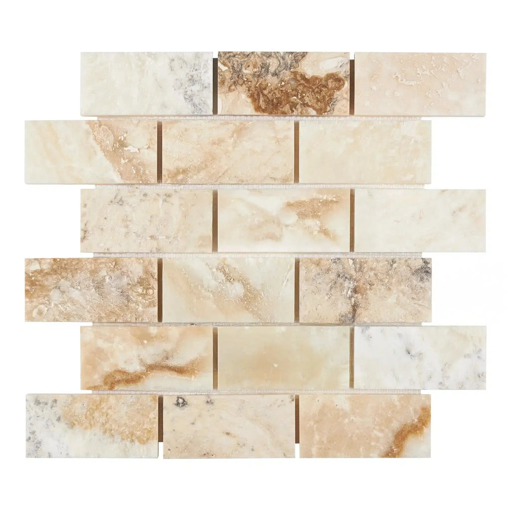 Beige and brown brick-patterned tile sheet from La Travonya Travertine Mosaic collection