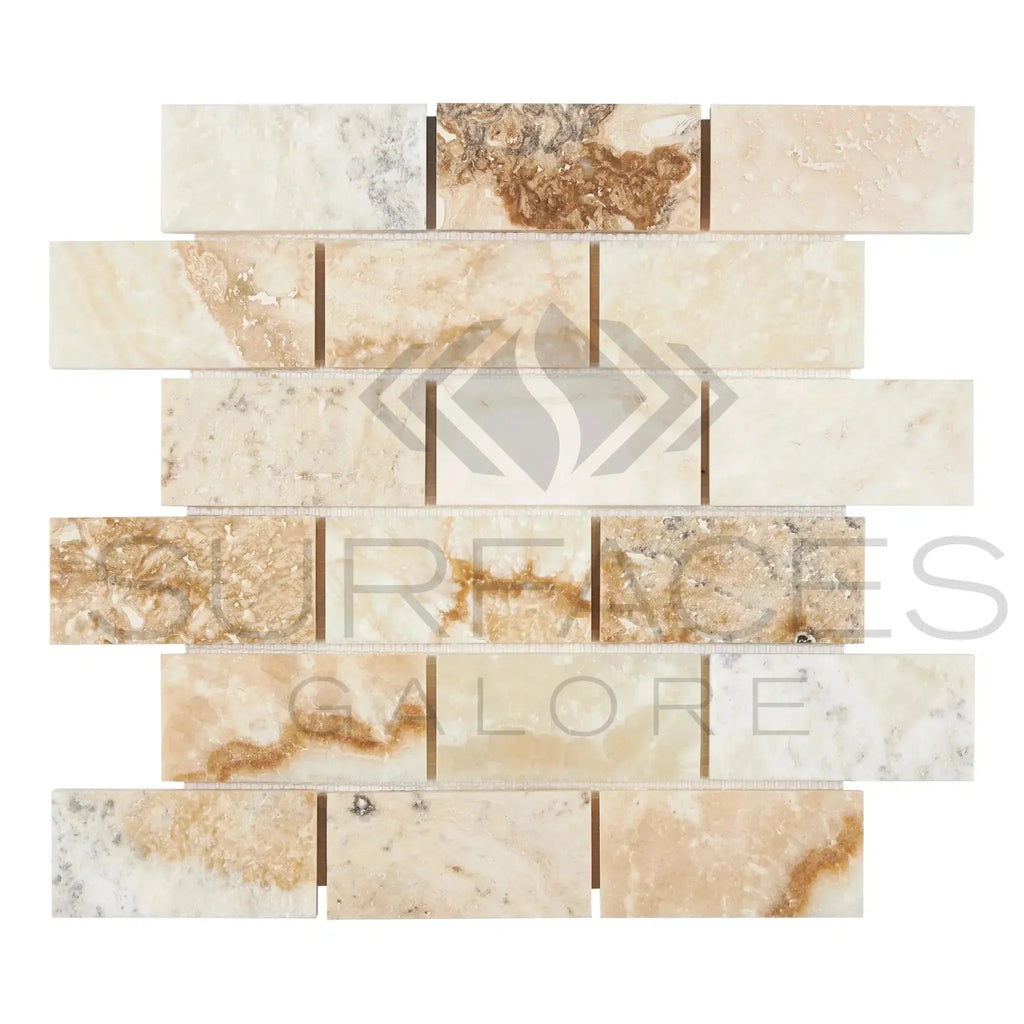 Rectangular travertine mosaic tile from La Travonya Travertine 2X4 Brick Mosaic