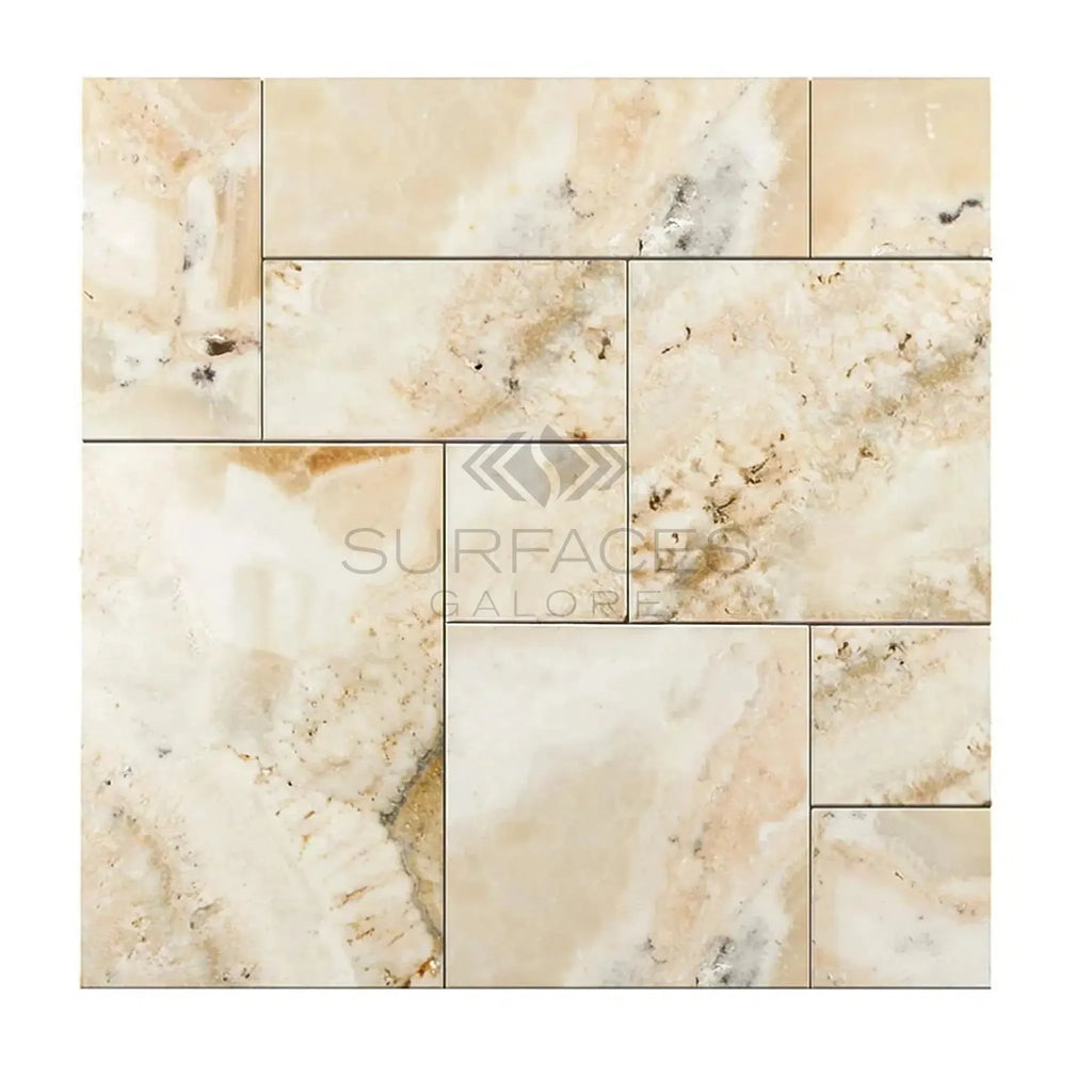 Beige travertine tile mosaic from La Travonya 4 pcs Versailles Pattern set, filled and honed