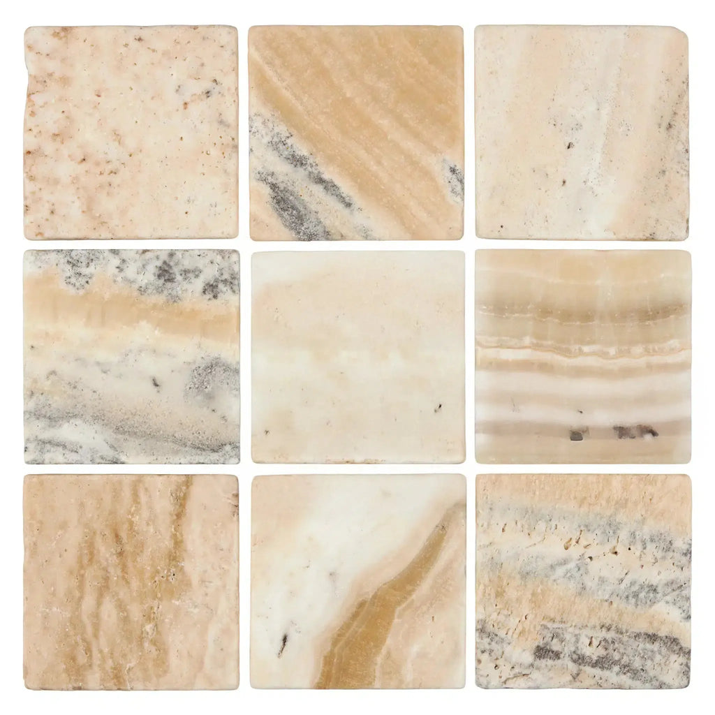 Nine square marble tiles of La Travonya Travertine 4X4 Tumbled style