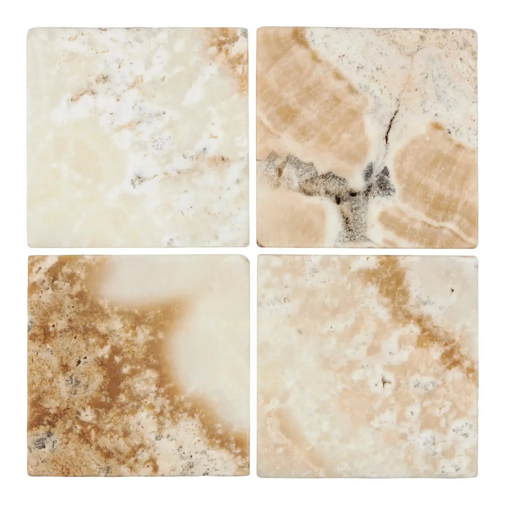 Four square marble coasters from La Travonya Travertine 6X6 Tumbled collection