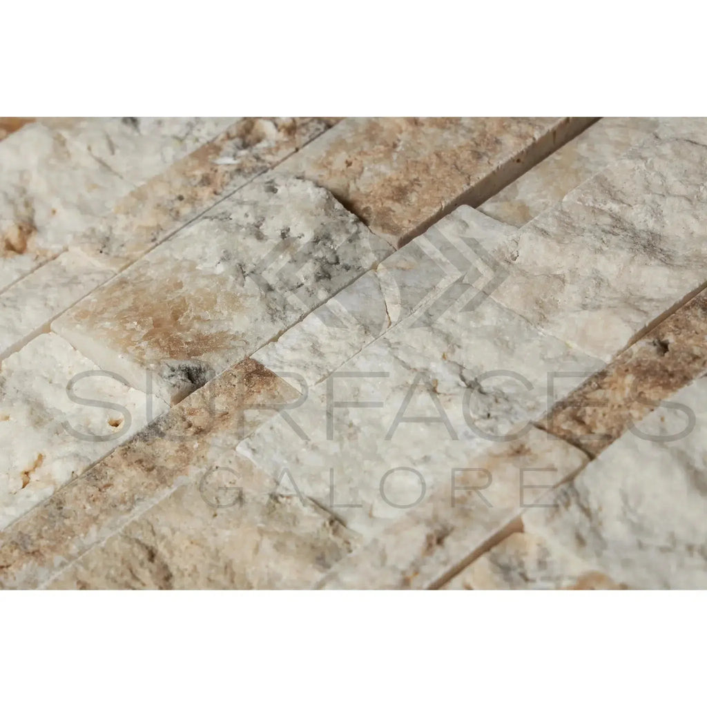 Textured stone mosaic tiles from La Travonya Travertine Ledger-Panel Corner Mosaic