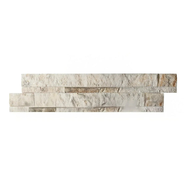 Stacked stone veneer panel of La Travonya Travertine Ledger-Panel Mosaic Split Faced