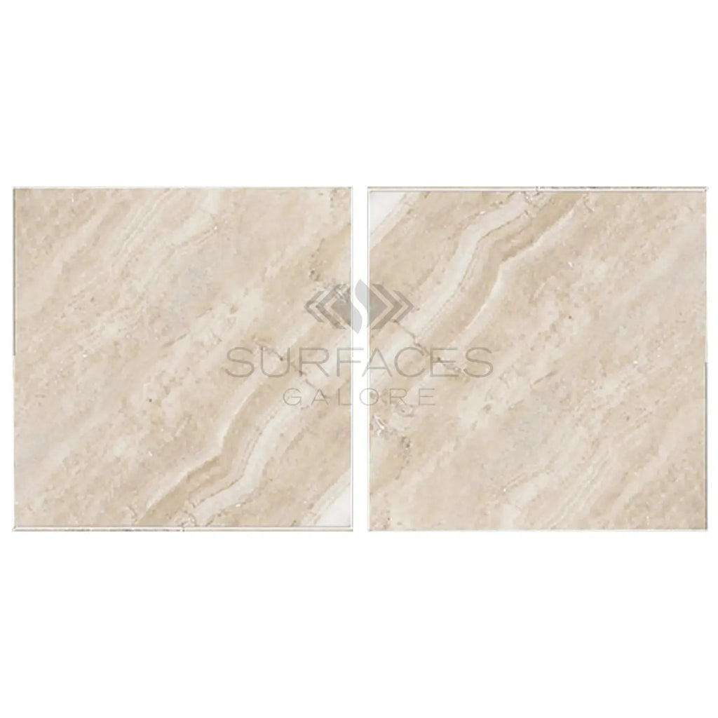 Two beige marble tiles from the Malibu Travertine 18X18 Filled and Honed collection