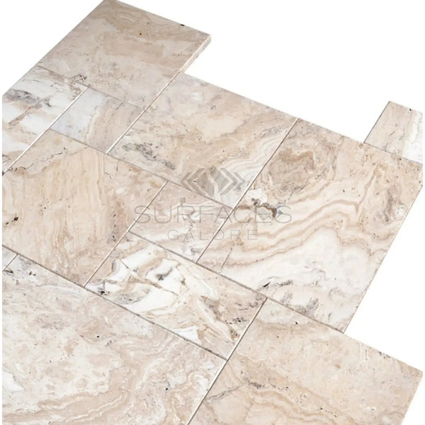 Malibu Travertine tile flooring in Versailles pattern, unfilled and brushed-straight finish