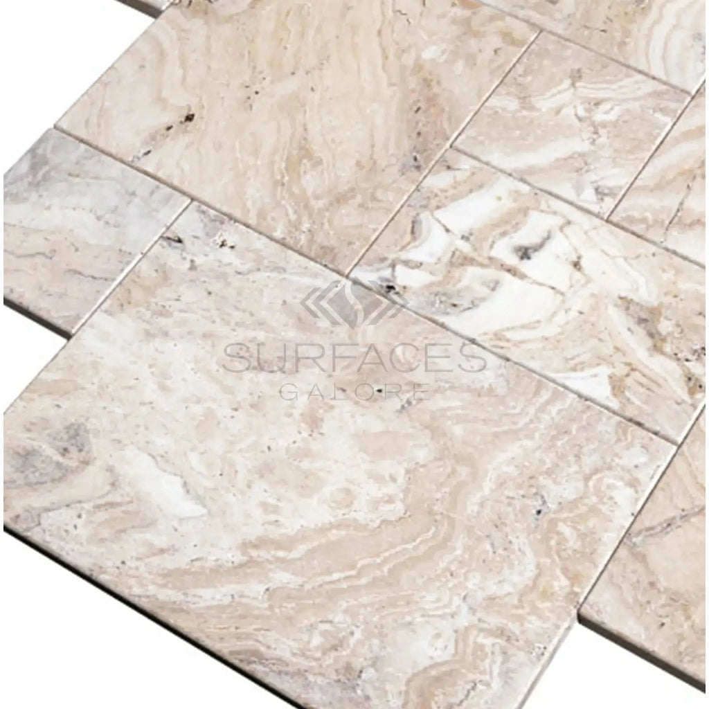 Malibu Travertine 4 pcs Versailles Pattern set showcasing unfilled and brushed tile flooring