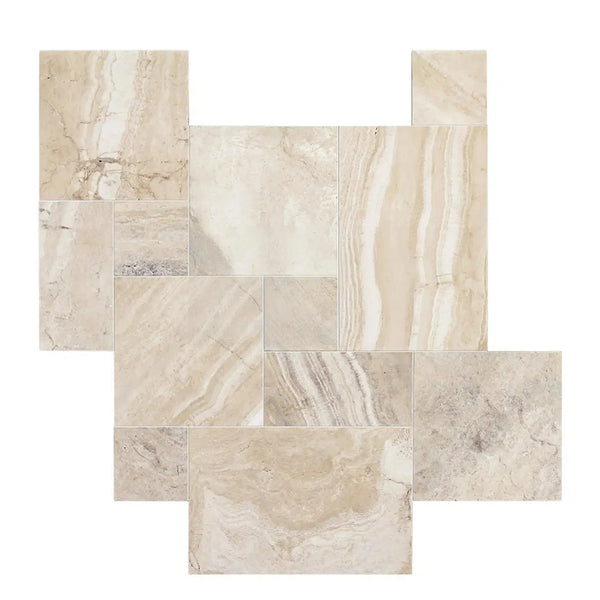 Beige marble tile mosaic from Malibu Travertine Versailles Pattern Tumbled Set