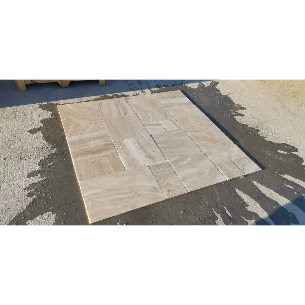 Rectangular marble tile arrangement of Malibu Travertine Versailles Pattern Set Tumbled