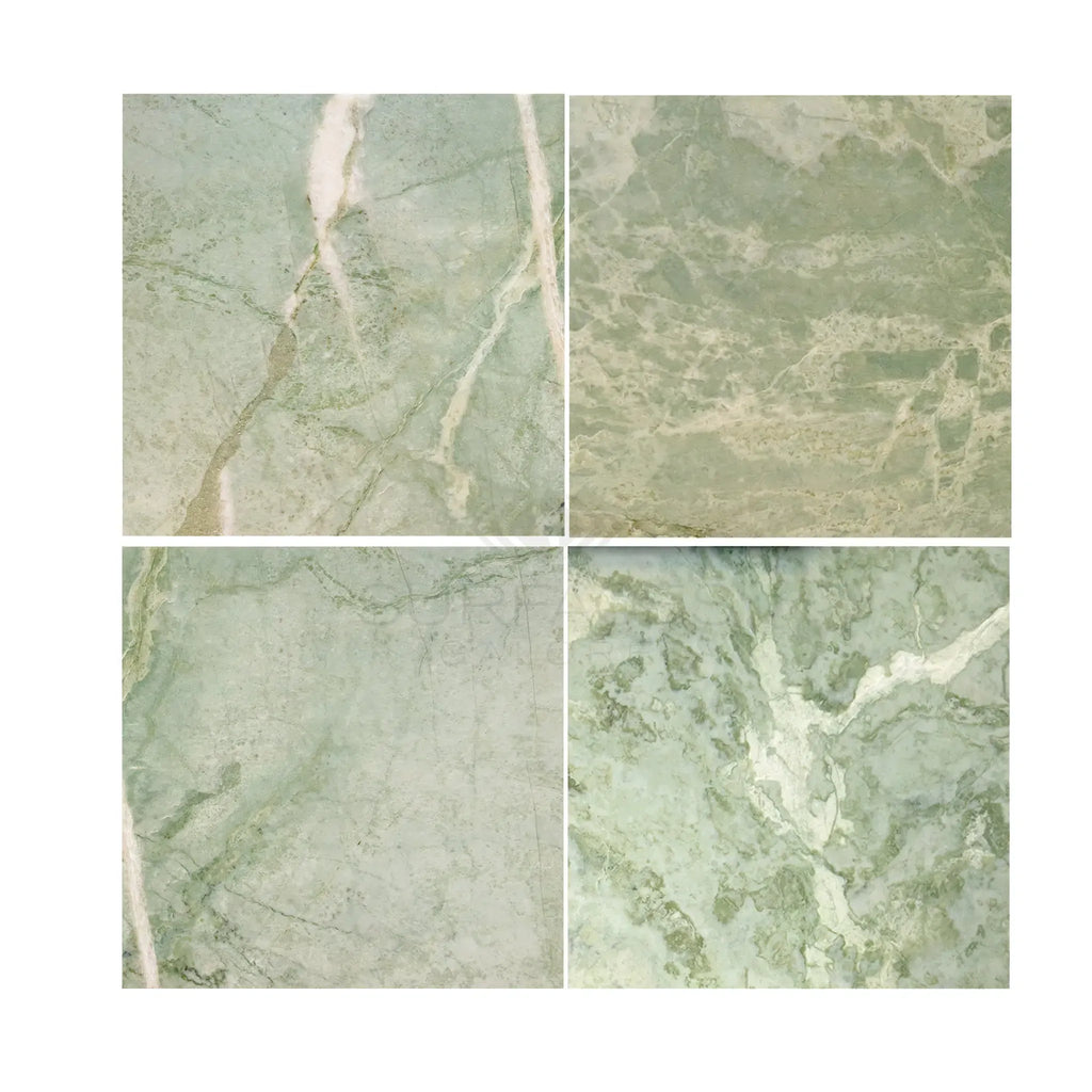 Four green marble tiles from the Ming Green 12X12 Marble Polished or Honed collection