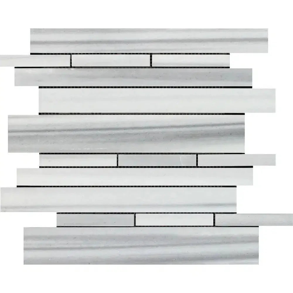 White and gray marble mosaic tile from Mink/Equator Zebra Marble Random Strip collection