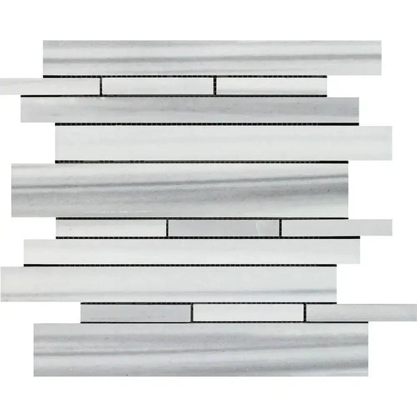 White and gray marble mosaic tile from Mink/Equator Zebra Marble Random Strip collection