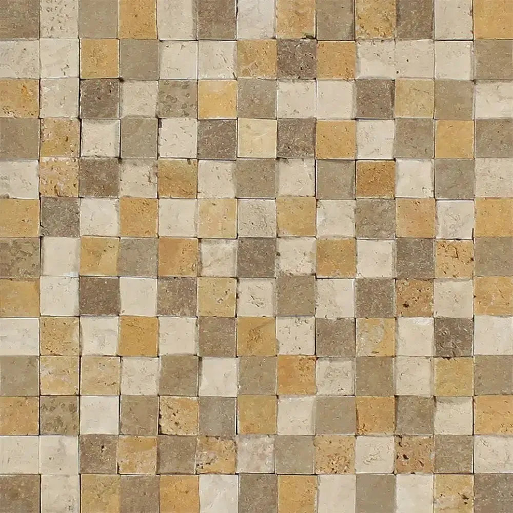 Checkerboard pattern of Mixed Ivory, Noce, and Gold 1X1 Travertine Mosaic Tiles