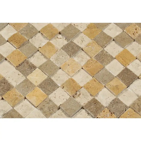 Diamond-patterned stone tile mosaic in Mixed Ivory, Noce, and Gold Travertine