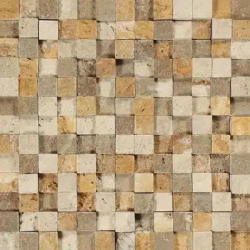 Textured mosaic tile pattern of Mixed Ivory Noce Gold 1X1 Travertine Mosaic Split Faced