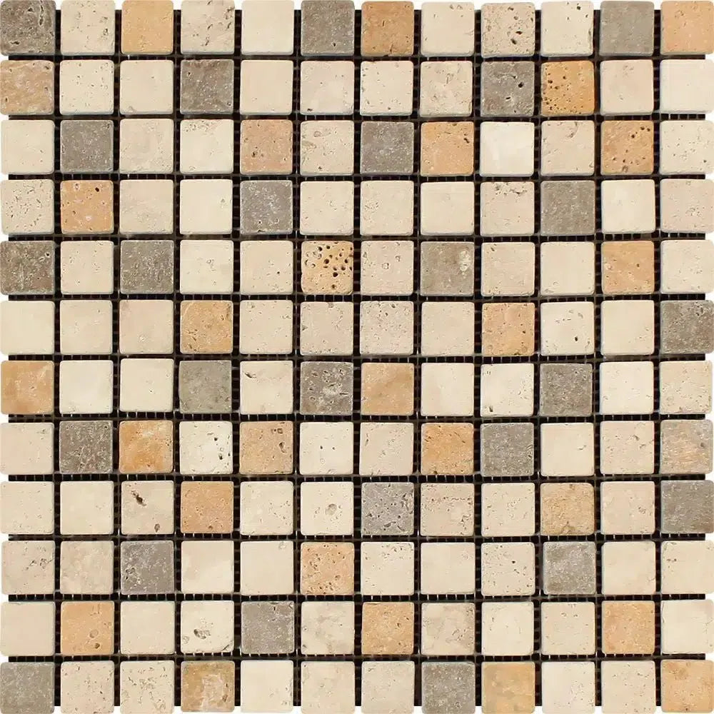 Square mosaic tile pattern of Mixed Ivory, Noce, and Gold Travertine Tumbled