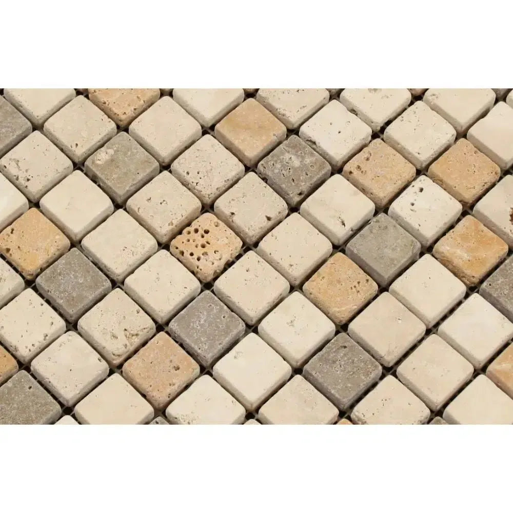 Tumbled travertine mosaic tile in Mixed Ivory, Noce, and Gold colors, 1X1 size