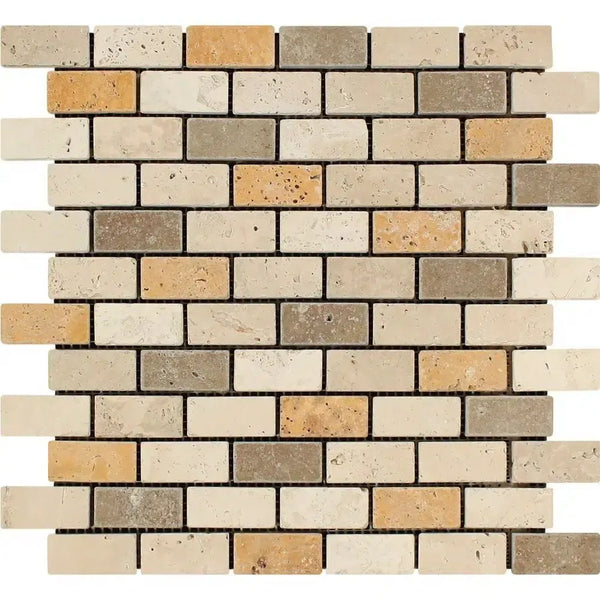 Rectangular mosaic tile pattern in Mixed Ivory Noce Gold 1X2 Brick Travertine Mosaic Tumbled