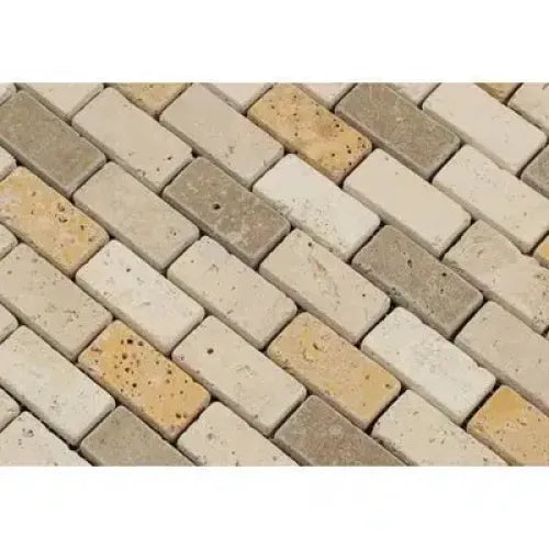 Rectangular beige brick pattern in Mixed Ivory Noce Gold 1X2 Brick Travertine Mosaic