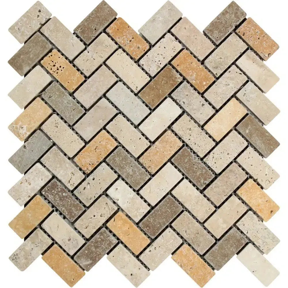 Herringbone pattern mosaic tile in Mixed Ivory, Noce, and Gold 1X2 Travertine design