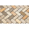 Herringbone brick pattern in Mixed Ivory, Noce, and Gold Travertine Mosaic Tumbled