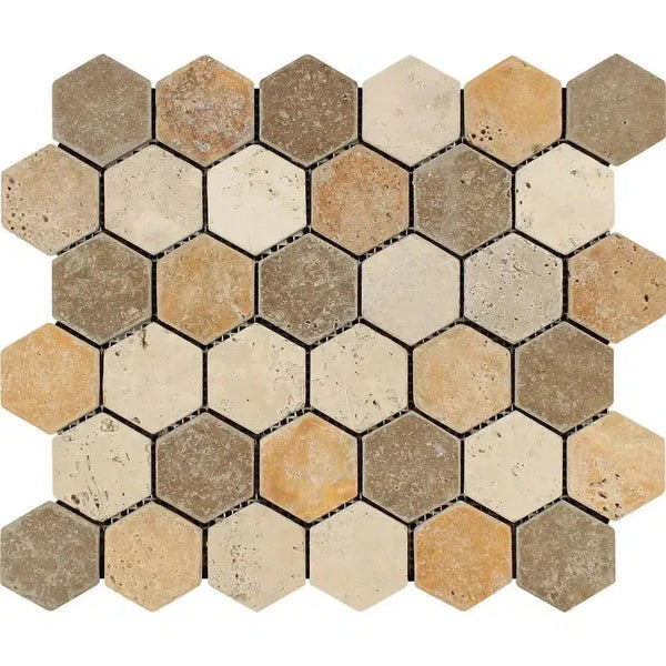 Hexagonal travertine mosaic tile sheet in mixed Ivory, Noce, and Gold colors