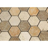 Hexagonal stone tile pattern in Mixed Ivory, Noce, and Gold Travertine Mosaic