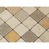 Diamond-patterned travertine tile mosaic in Mixed Ivory Noce Gold 2X2 Tumbled design