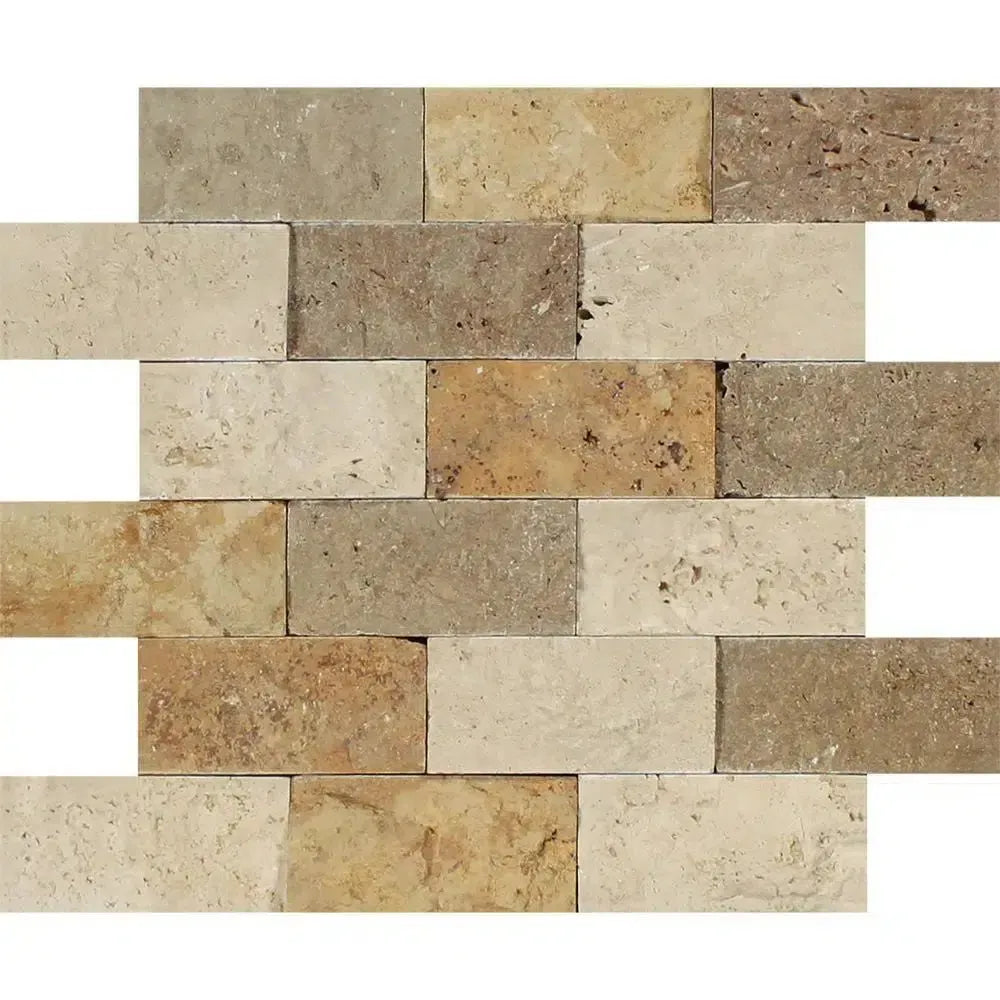 Mixed Ivory Noce Gold 2X4 Brick Travertine Mosaic Split Faced Wall Tile Display