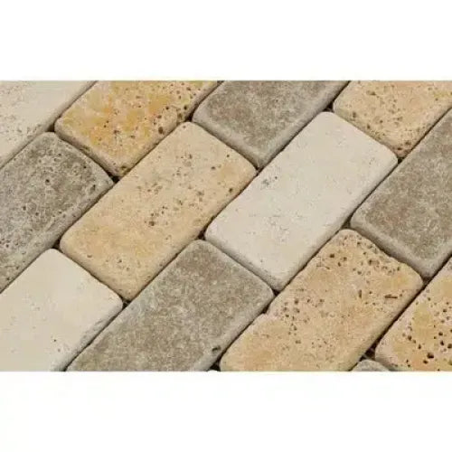 Mixed Ivory Noce Gold 2X4 Brick Travertine Mosaic Tumbled in a brick pattern design