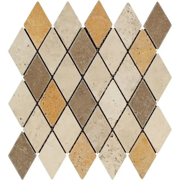 Diamond-patterned mosaic tile sheet in Mixed Ivory, Noce, and Gold Travertine