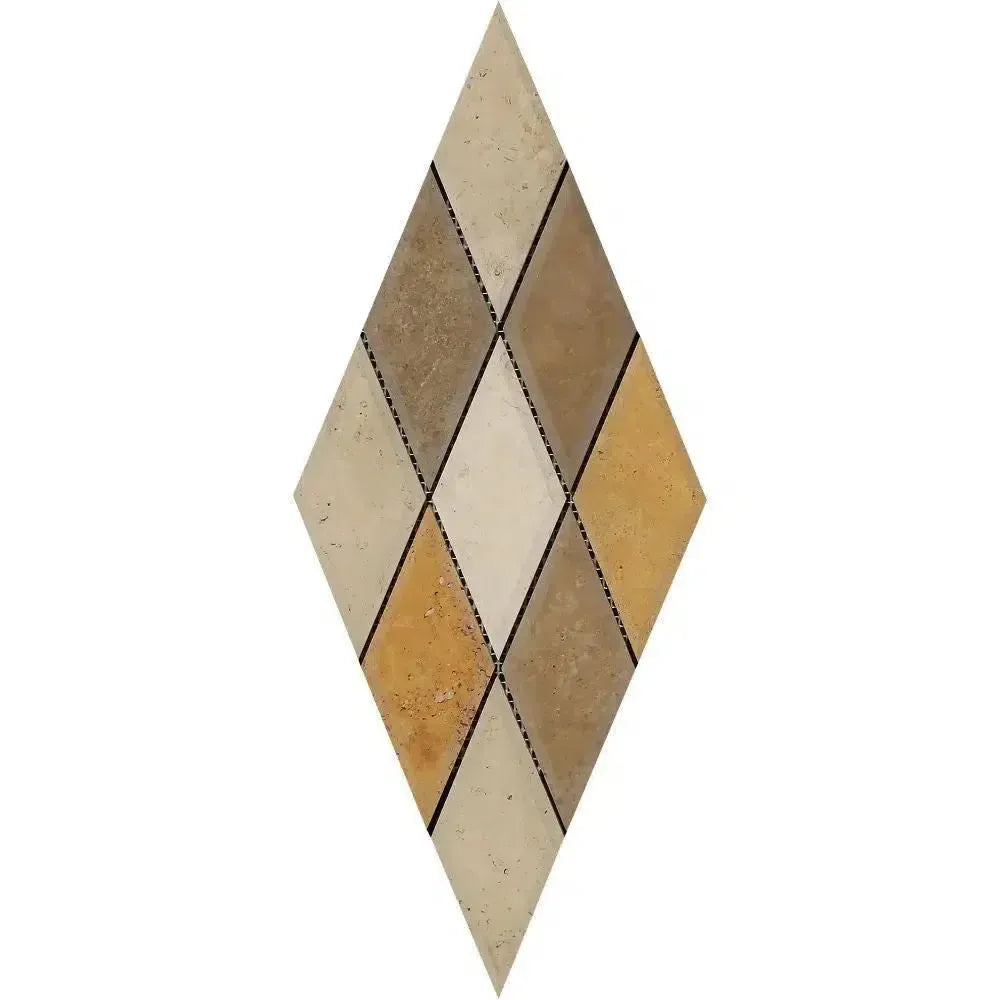 Diamond-patterned tile mosaic of Mixed Ivory, Noce, and Gold Travertine in 3X6 size