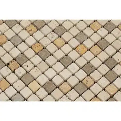 Mixed Ivory Noce Gold 5/8X5/8 Travertine Mosaic Tumbled Square Tile Pattern