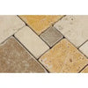 Tumbled travertine pavers in Mixed Ivory Noce Gold OPUS Mini-Pattern mosaic design