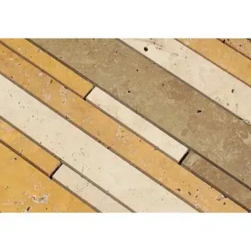 Alternating color stone tile pattern of Mixed Ivory Noce Gold Random Strip Travertine Mosaic