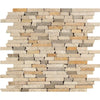 Stone mosaic tile sheet of Mixed Ivory Noce Gold Random Strip Travertine Tumbled