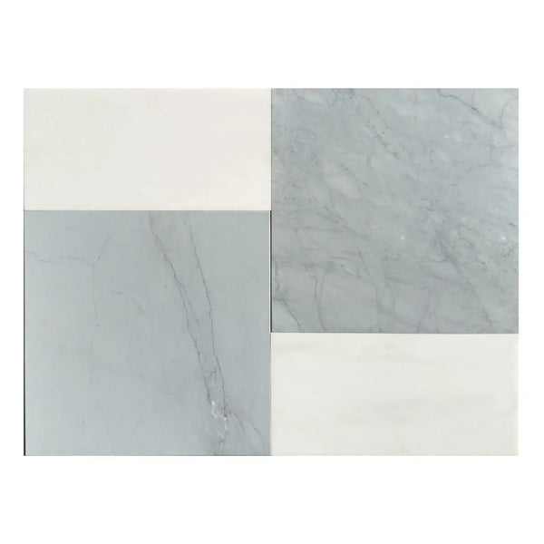 Four-piece tile arrangement of Modena in Bardiglio Imperiale and Bianco Dolomite Set