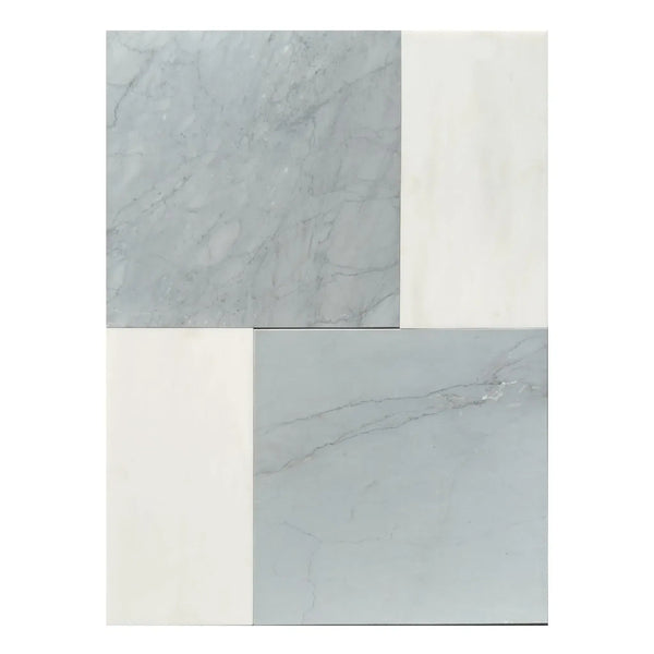 Rectangular tile arrangement featuring Modena in Bardiglio Imperiale and Bianco Dolomite