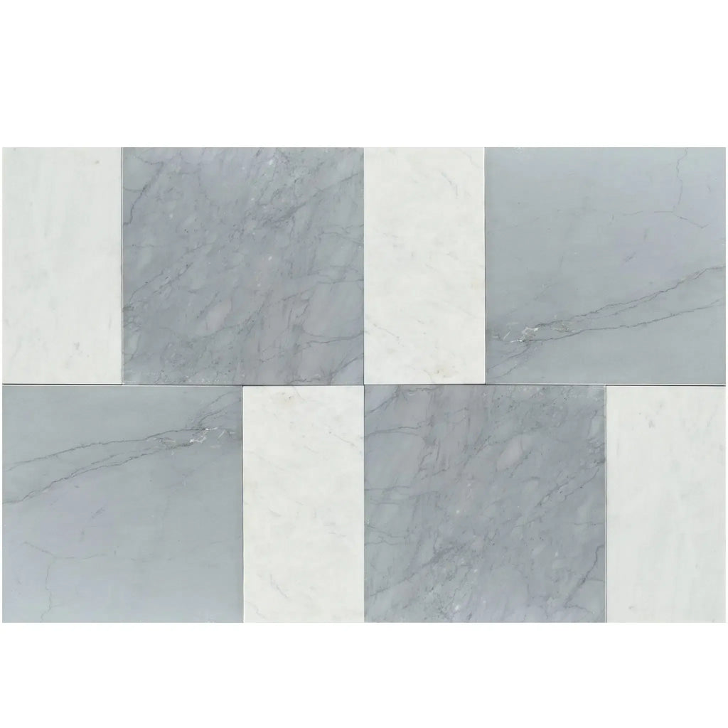 Alternating gray and white marble tiles in Modena Bardiglio Imperiale and Carrara White set