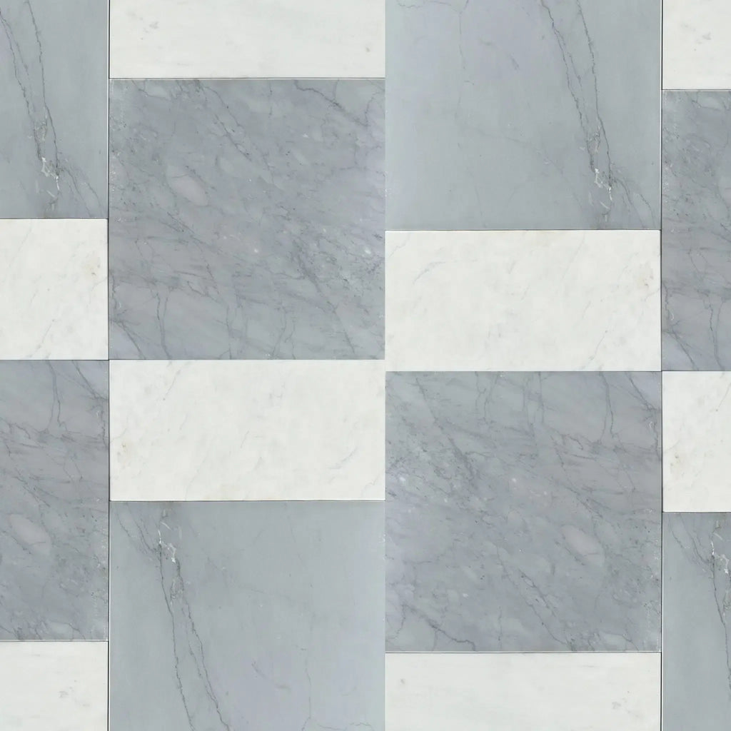 Gray and white marble tile pattern from Modena in Bardiglio Imperiale and Carrara White set