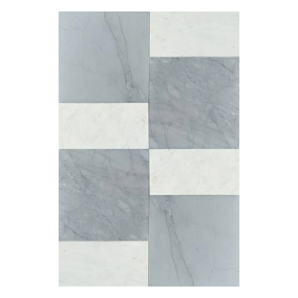 Gray and white marble tile pattern of Modena in Bardiglio Imperiale and Carrara White Set