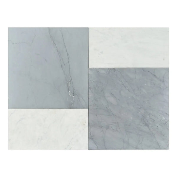 Marble tile arrangement of Modena in Bardiglio Imperiale and Carrara White set