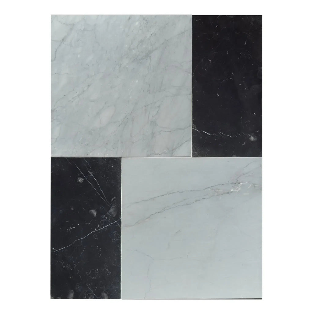 Black and white marble tile pattern in Modena Bardiglio Imperiale and Nero Marquina set