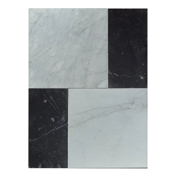 Black and white marble tile pattern in Modena Bardiglio Imperiale and Nero Marquina set