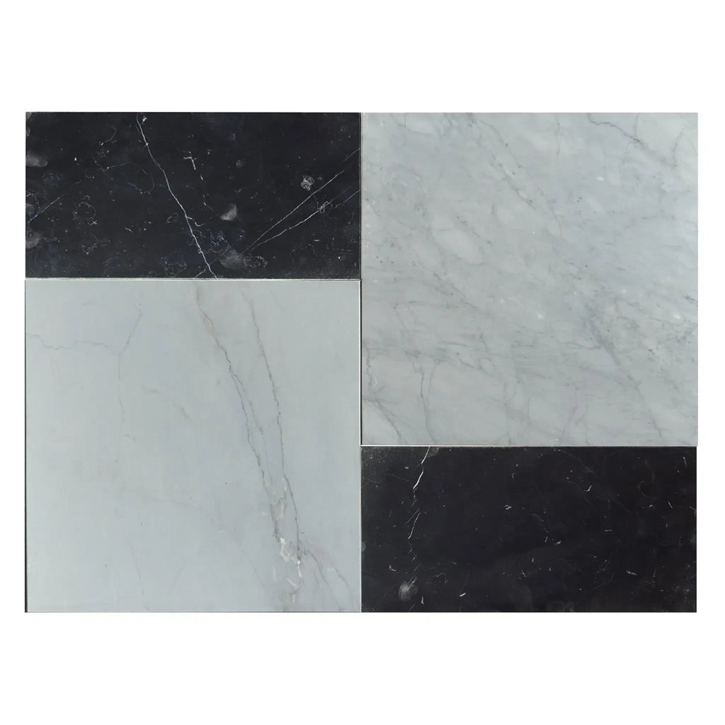 Four-square marble tile pattern in Modena Bardiglio Imperiale and Nero Marquina set