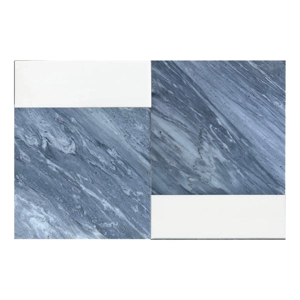 Blue marble tile arrangement featuring Modena in Bardiglio Nuvolato and Bianco Dolomite Set