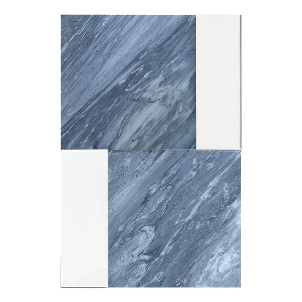 Two-toned marble-like tiles in Modena Bardiglio Nuvolato 12X12 and Bianco Dolomite 4X12 Set